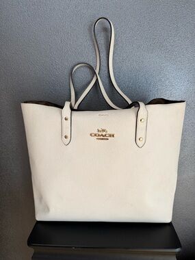 Coach Ivory Pebbled Leather Double-Handle Tote with Gold Logo
